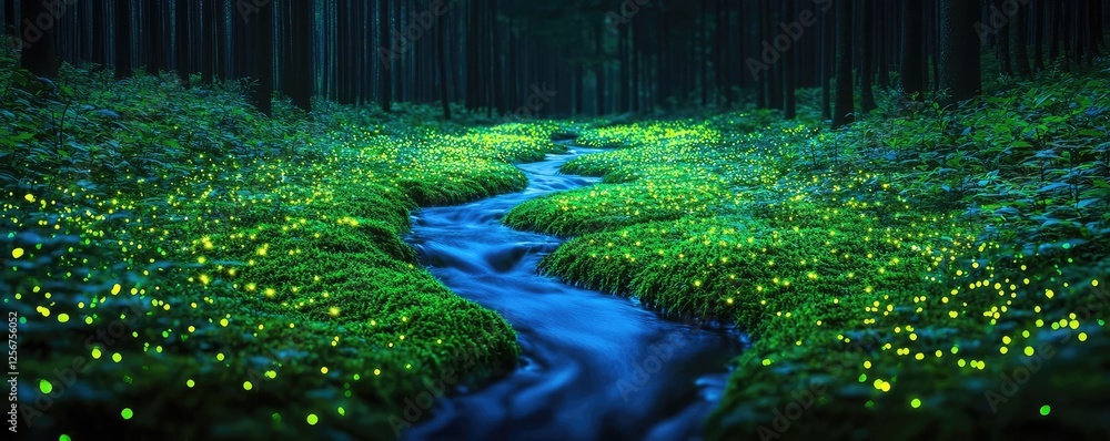 Poster glow forest concept. a serene forest scene with a glowing river surrounded by luminous greenery at n