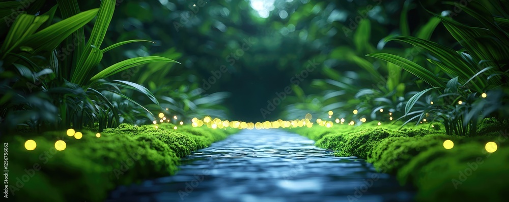 Aufkleber glow forest concept. a tranquil river surrounded by lush greenery and glowing lights in the forest.