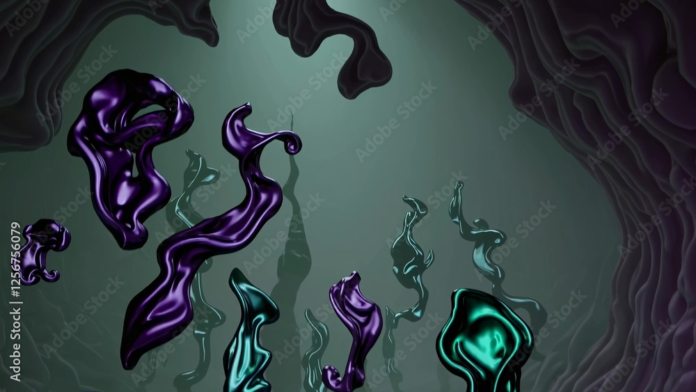 Poster iridescent fluid shapes float in a mysterious, surreal setting. the organic forms create a sense of 