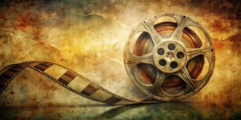 Obraz premium Vintage film reel with faded film strips wrapped around it, distressed texture