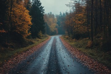 Obraz premium Autumnal road through forest, wet leaves. Perfect for travel, nature, and fall themes.