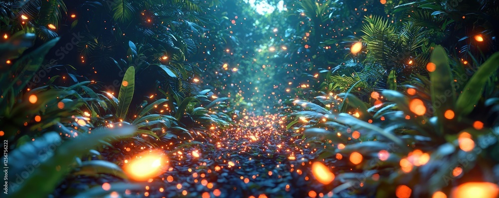 Poster glow forest concept. a vibrant forest scene filled with glowing orbs and lush greenery, creating a m