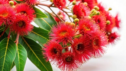 Vibrant bright red eucalyptus flowers in full bloom against a soft white background , blooming, floral