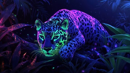 Neon Jaguar Jungle Night Resting Wildlife Art
