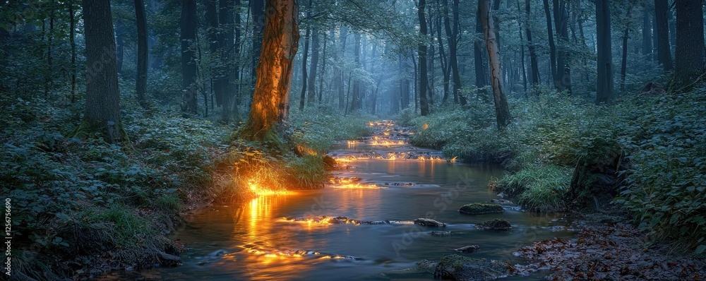 Poster glow forest idea. a serene forest scene with a glowing stream flowing through lush greenery.