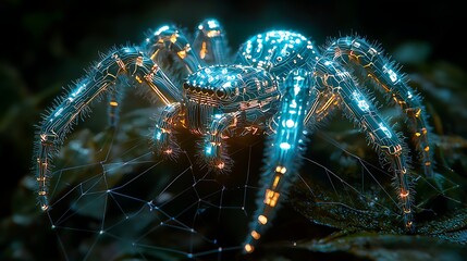 Futuristic spider web, glowing cyber arachnid, dark forest background, science fiction illustration.