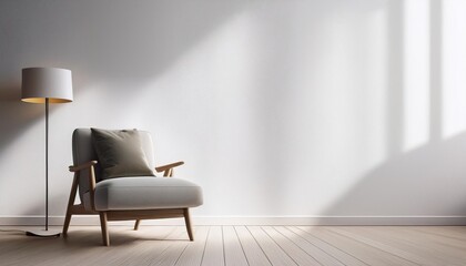 Empty White Wall Mockup in Minimalist Interior with Neutral Armchair and a Floor Lamp. Natural Daylight From a Window. Promotion Background.