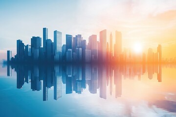 Fototapeta premium City skyline reflected in calm water at sunrise