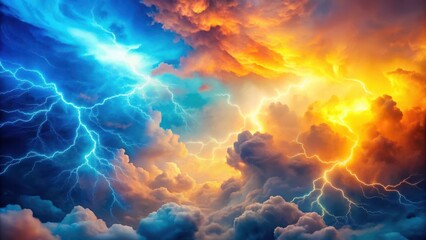 Swirling clouds of electric blue and yellow hues with flashes of bright orange lightening against a gradient of soft pastel pink background, colorful background, vibrant lightnings