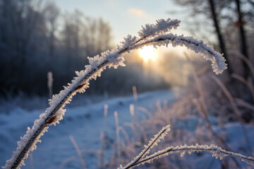 Frost covered branch in serene winter landscape at sunrise