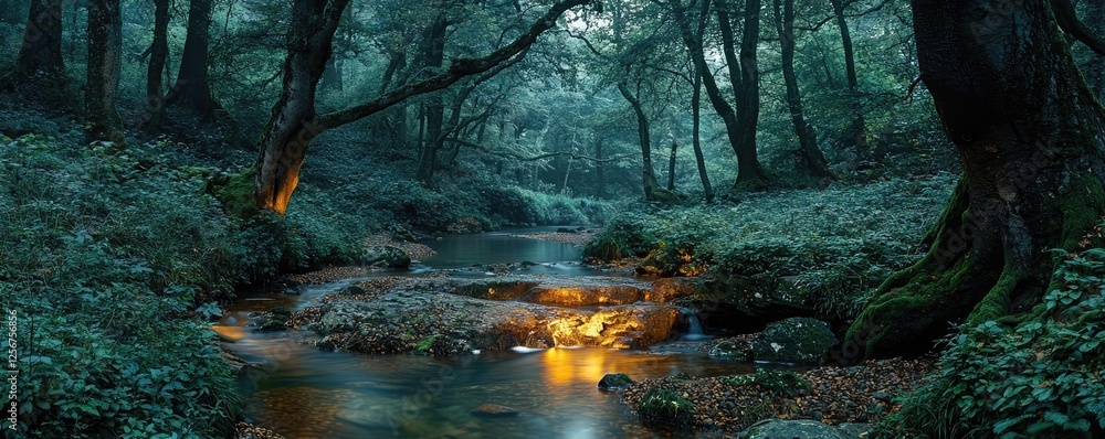 Poster Glow forest idea. A serene forest landscape with a calm stream and soft, glowing lights illuminating foliage.