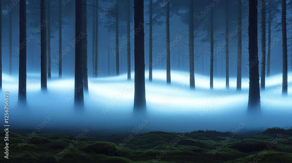 Poster Glow forest idea. Mysterious forest shrouded in fog, illuminated by soft blue light, creating a surreal scene.