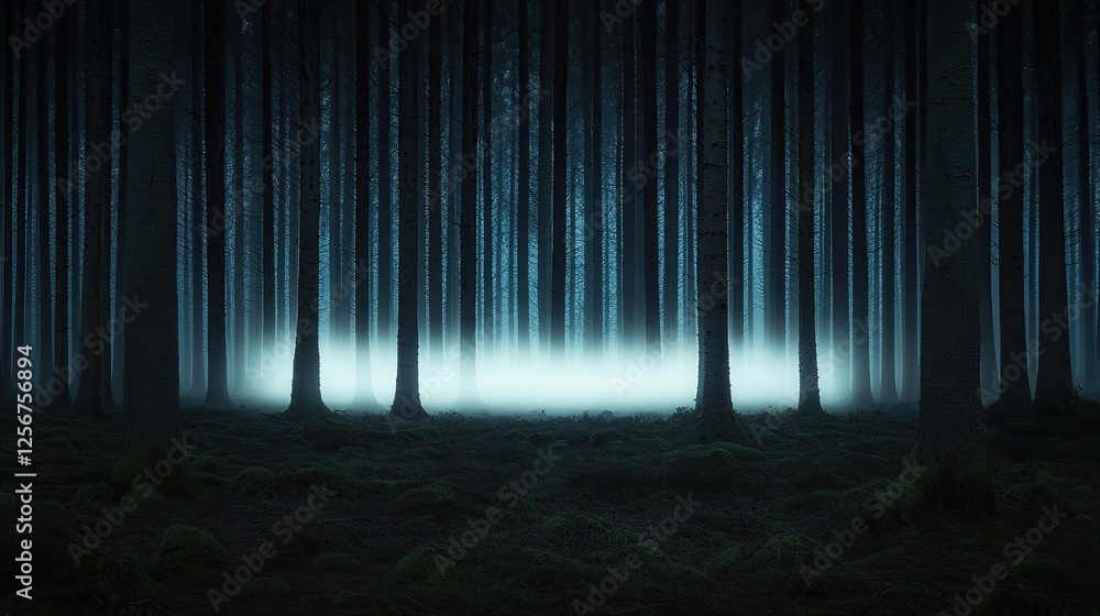Poster glow forest idea. mysterious forest with dense trees shrouded in mist, creating an eerie atmosphere.