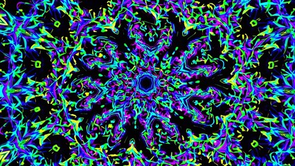 Dynamic kaleidoscope design featuring vibrant neon colors in intricate, symmetrical patterns. The vivid hues create a mesmerizing visual effect, evoking a sense of energy and movement