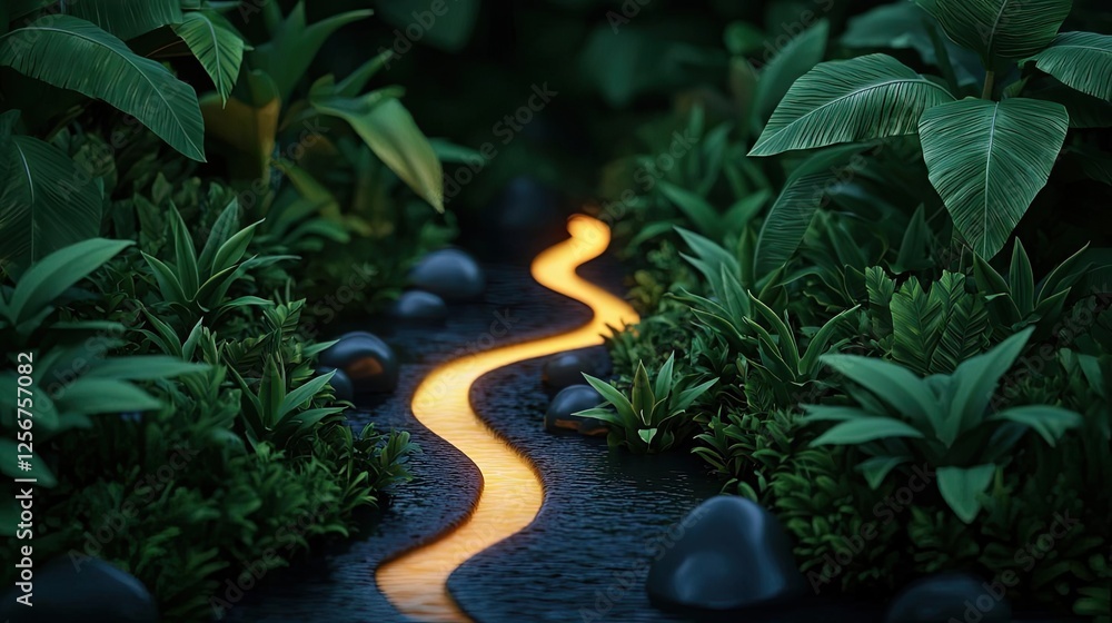 Poster glow forest idea. lush greenery with a winding river glowing softly through a tranquil landscape.