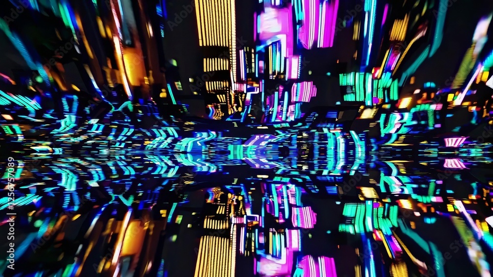 Poster dynamic urban scene featuring vivid neon lights reflecting in a futuristic cityscape. the colorful a