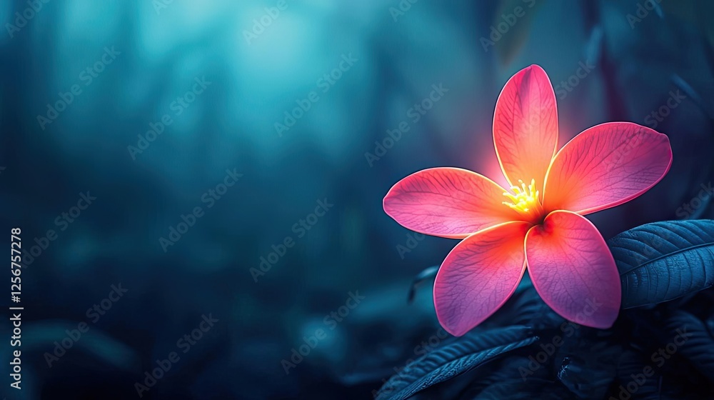 Poster glow forest concept. a serene bloom illuminated against a soft blue background, evoking tranquility 