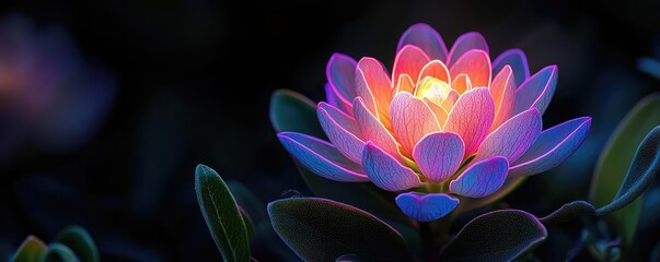 Glow forest concept. A vibrant flower blooms under soft, moody lighting, showcasing its beautiful colors.