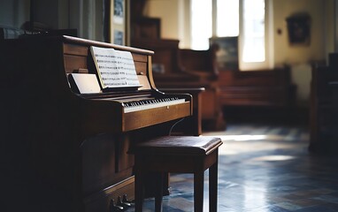 Antique Piano in Historic Room,  Sunlight Through Window,  Possible use for Music Education Stock Photo