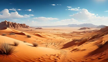 Naklejka premium Expansive desert vista showcases vibrant sand, distant mountains, and clear blue sky with clouds.