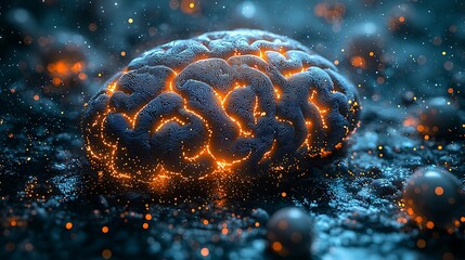 Fototapeta premium Glowing brain, intense energy, dark background, concept art, medical illustration.