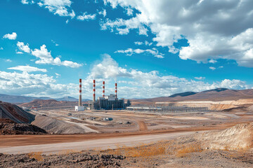 Arid Landscape Featuring a Large Industrial Power Plant with Red and White Striped Chimneys Under a Bright Blue Sky with Puffy White Clouds