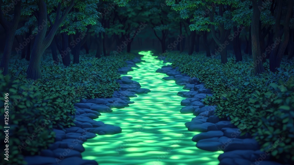 Aufkleber glow forest idea. a serene forest scene featuring a glowing green river and lush greenery.