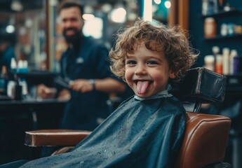 Playful curly-haired child sticking out tongue while getting a haircut at a barbershop, with a smiling barber in the background. Capturing joyful childhood moments and professional grooming