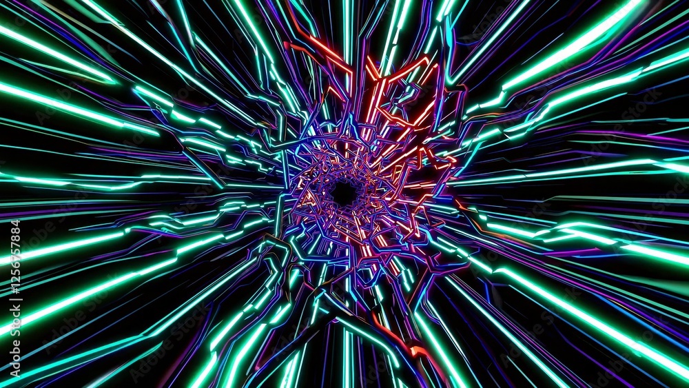 Poster glowing neon lines rotating and creating an abstract vortex, forming a futuristic tunnel with vibran