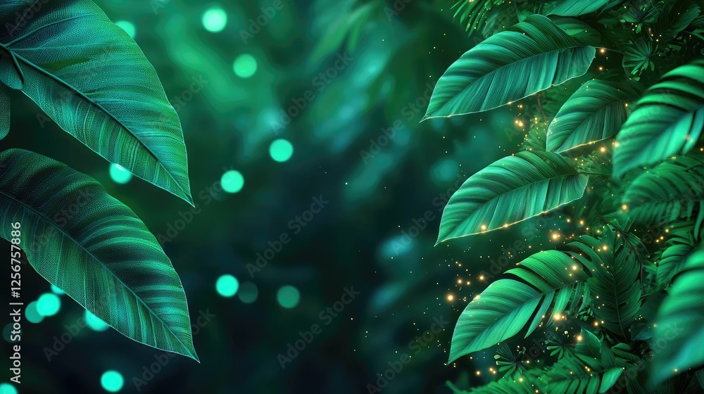 Poster glow forest concept. lush green leaves with soft bokeh lights creating a serene nature background.
