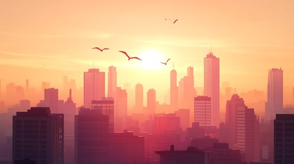 Obraz premium City skyline sunrise, birds in flight, urban landscape, inspirational view, perfect for wallpaper or background