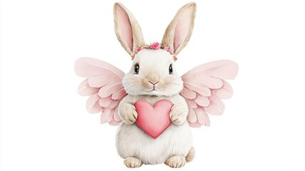 Obraz premium Valentine Pet Cupid Concept, a playful bunny as a Valentine cupid, with a heartshaped halo and tiny wings, watercolor illustration, soft blush and white, isolated on white background