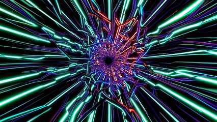 Glowing neon lines rotating and creating an abstract vortex, forming a futuristic tunnel with vibrant colors, perfect for digital art and motion graphics projects