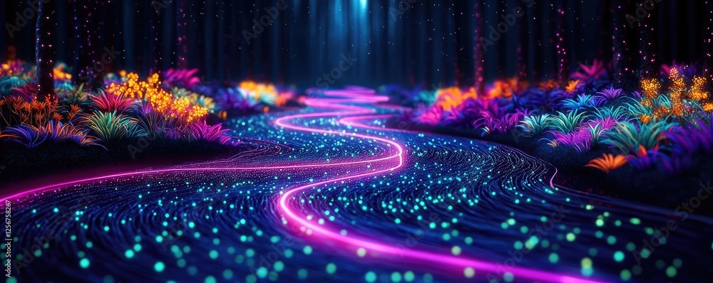 Poster Glow forest concept. A vibrant pathway illuminated by colorful lights in a mystical forest setting.