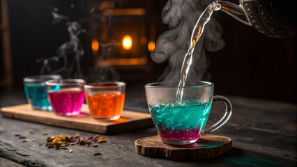 Fototapeta premium steaming cup of colorful herbal tea is being poured, creating cozy atmosphere