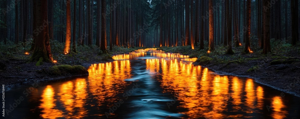 Poster glow forest concept. serene forest scene with glowing river reflections under a twilight sky.