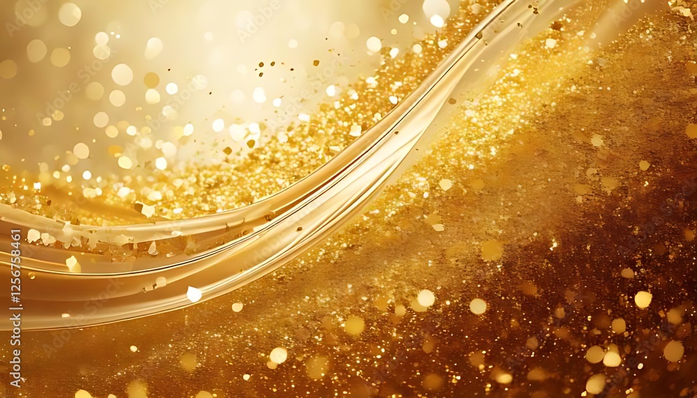 Poster golden glitter and a flowing curve create an elegant abstract with soft lights.