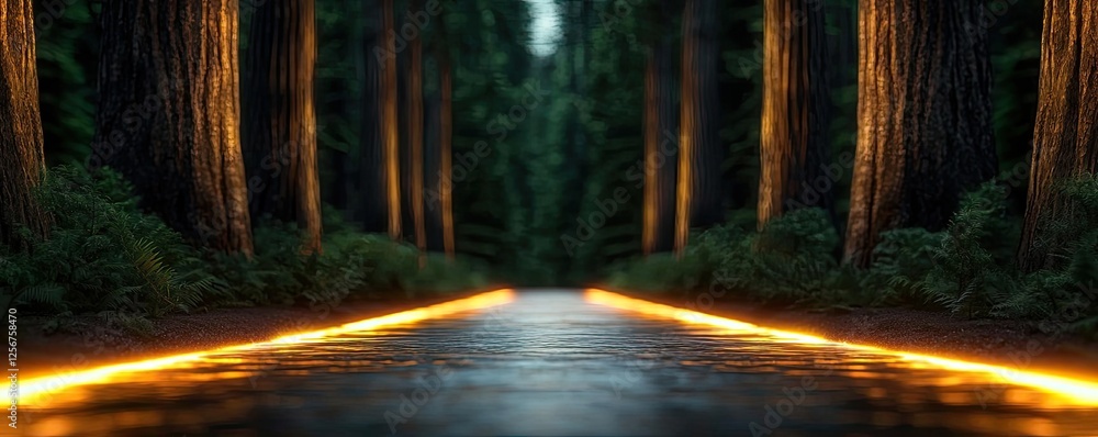 Poster glow forest concept. a serene forest path illuminated by glowing lights amidst tall trees at night.