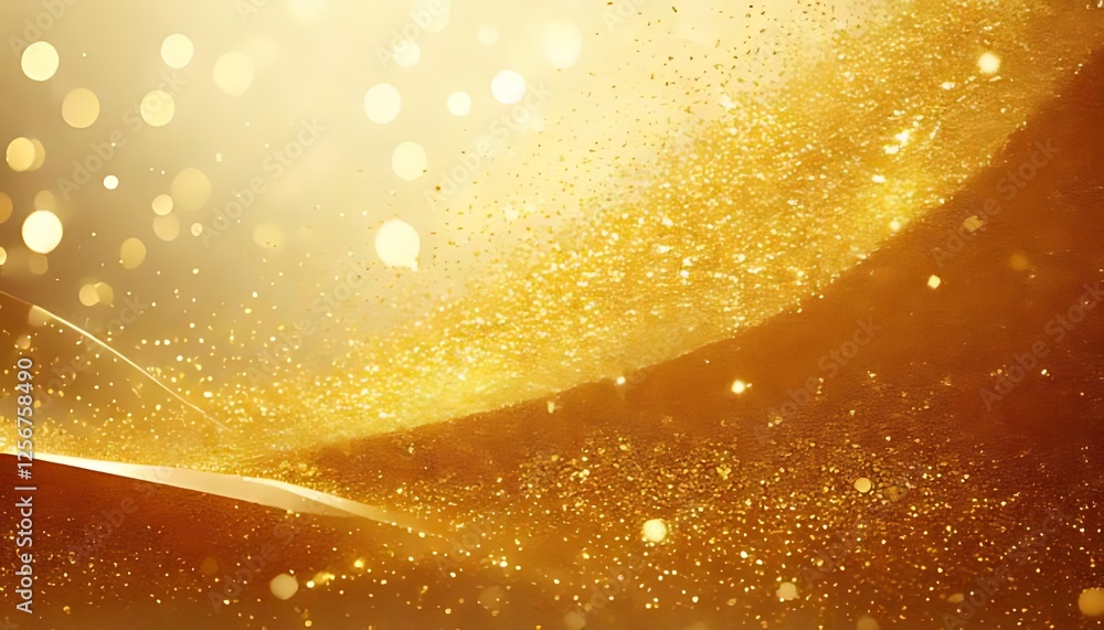 Poster golden glitter flows in a dynamic wave with soft light creating blurry bokeh.