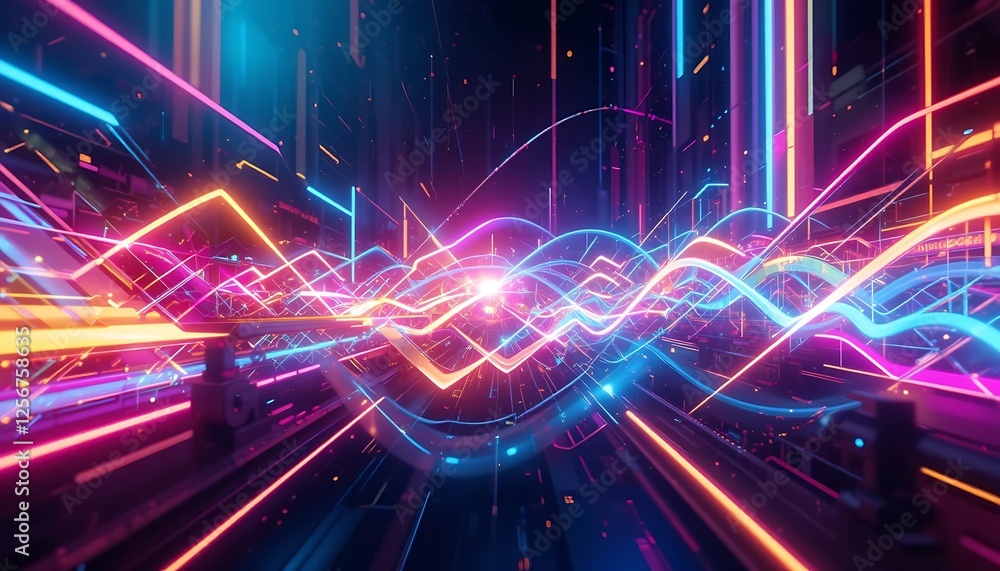 Poster neon light trails with data stream visualisation for technology background
