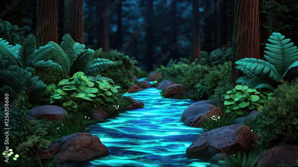Poster glow forest concept. a serene forest scene showcasing a glowing stream surrounded by lush greenery.