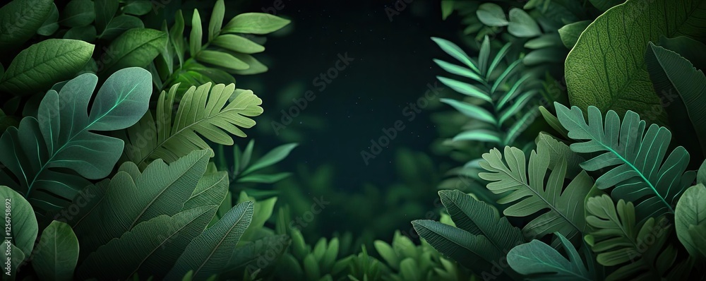 Poster Glow forest concept. Lush green foliage creating a serene natural frame with a dark background.