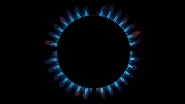 Gas oven flaming in the dark, closeup. Top View