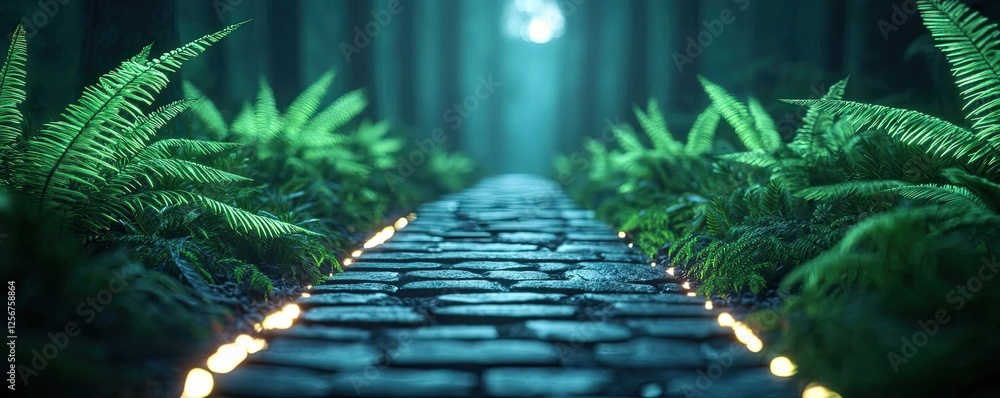 Aufkleber glow forest idea. a serene pathway through lush greenery illuminated by soft, glowing lights.