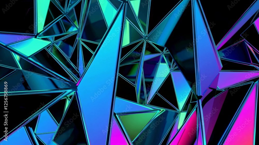 Poster abstract background featuring iridescent triangles intersecting and overlapping, creating a dynamic 