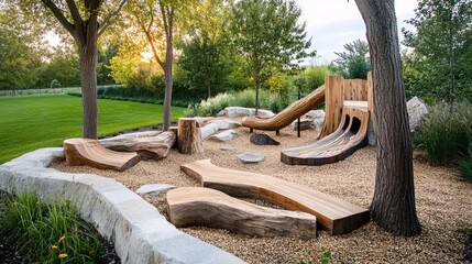 Modern backyard playground with natural wooden equipment basking in sunlight