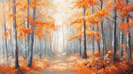 Obraz premium Autumnal Forest Path: A Misty Day