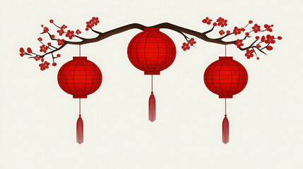 Obraz premium Elegant Lunar New Year Banner with Red Lanterns and Cherry Blossoms for Festive Celebrations