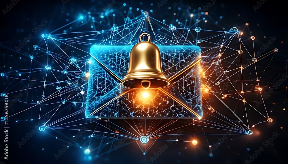 Poster illuminated network envelops notification bell atop mail, representing interconnectedness and inform