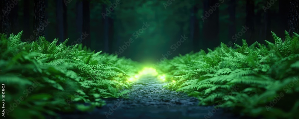 Poster glow forest idea. lush green ferns lining a tranquil forest path illuminated by soft light.